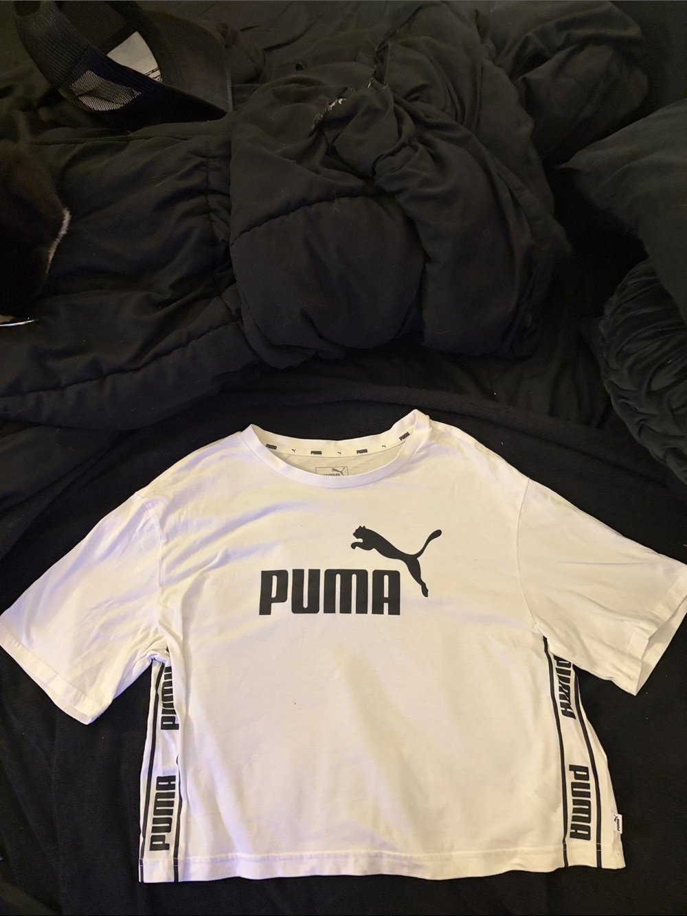 Puma White Crop Tee with Black Logo and Side Tape